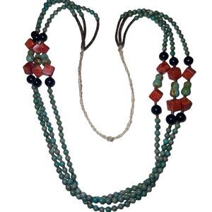 Navajo Turquoise Spiny & Heishi 3 Strand Long Beaded Southwestern Necklace